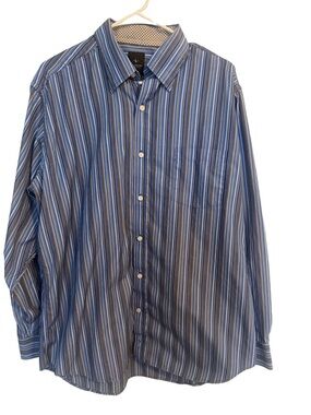 Tailorbyrd Blue, White and Brown Multi-Stripe Button-Down Shirt